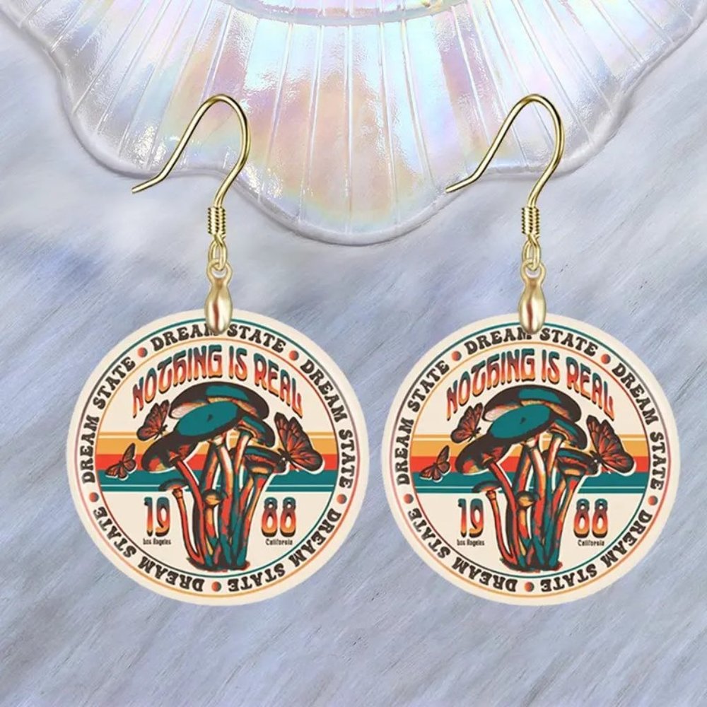 Mushroom DREAM STATE Earrings Nothing Is Real Dangle Boho Hippie Core Wonderland